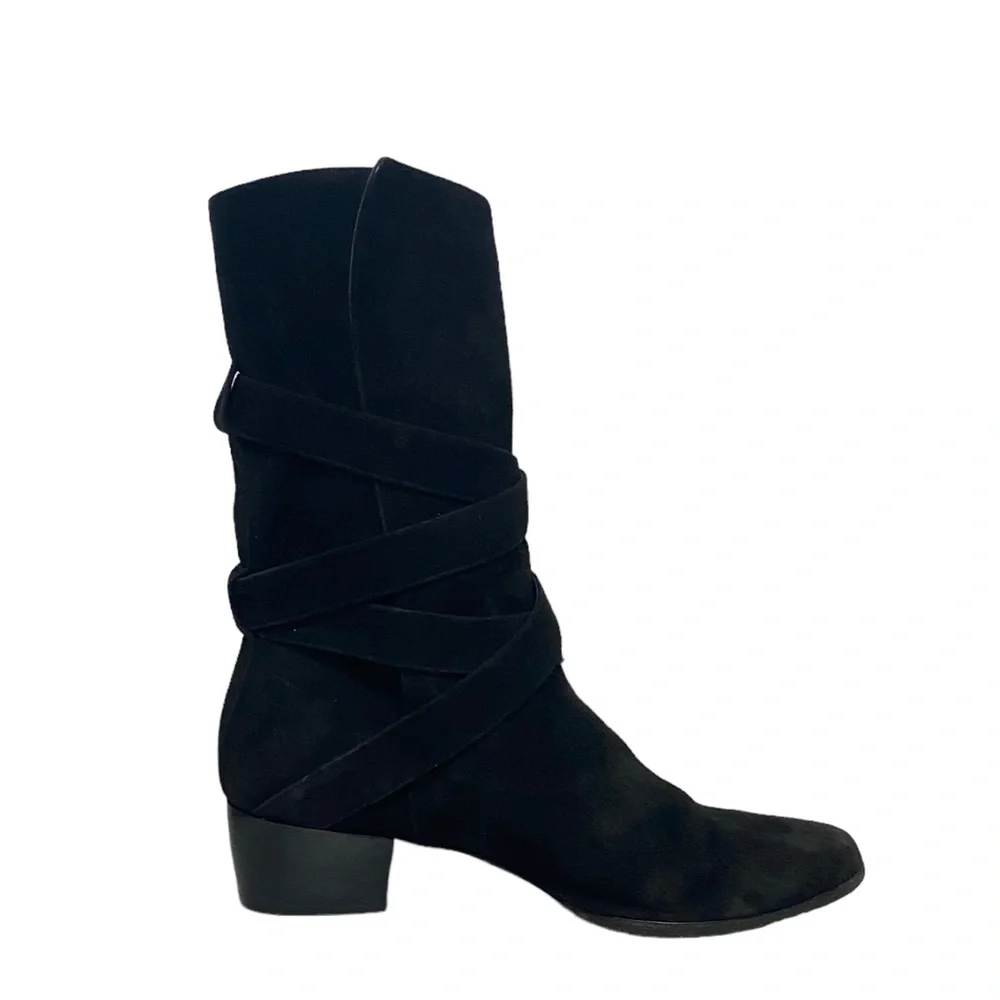 YSL Yves Saint Laurent Suede Fall Fold‎ Down Strappy Buckle Black Ankle Boots - Picture 2 of 11